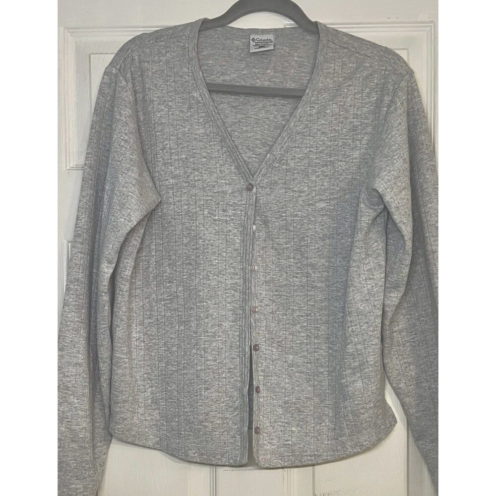 Vintage Columbia Women's Gray Ribbed Knit Cardigan Sweater Size L Button Down